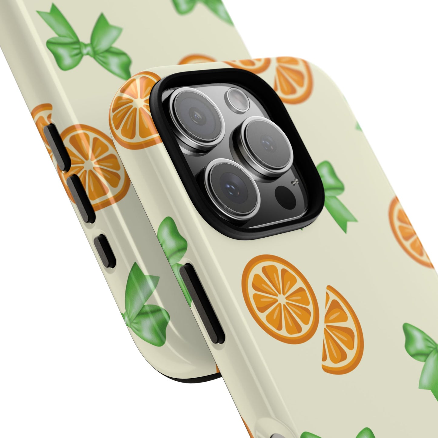 Cute iPhone Case, Orange Fruit Pattern, Green Bow Aesthetic, iPhone 16 15 14 13 12 Pro Max, Gift For Her
