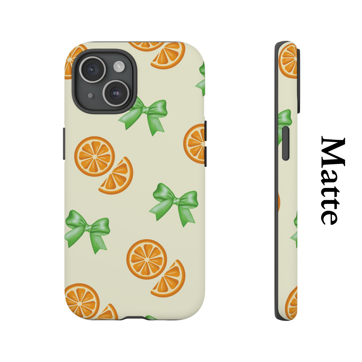 Cute iPhone Case, Orange Fruit Pattern, Green Bow Aesthetic, iPhone 16 15 14 13 12 Pro Max, Gift For Her