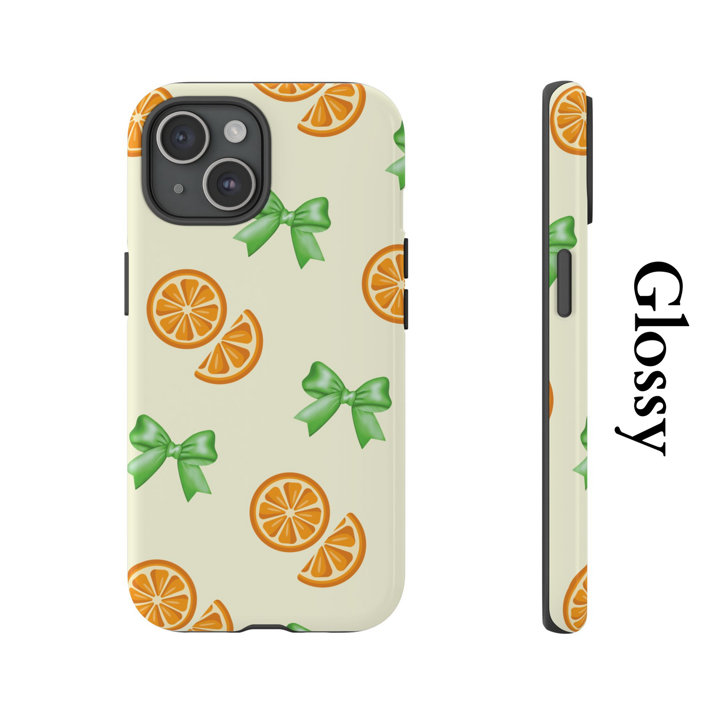 Cute iPhone Case, Orange Fruit Pattern, Green Bow Aesthetic, iPhone 16 15 14 13 12 Pro Max, Gift For Her