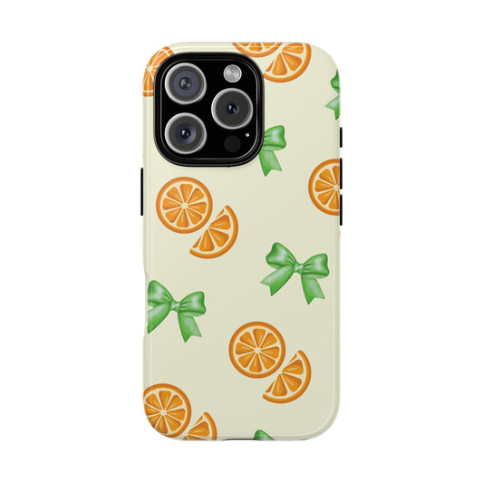 Cute iPhone Case, Orange Fruit Pattern, Green Bow Aesthetic, iPhone 16 15 14 13 12 Pro Max, Gift For Her