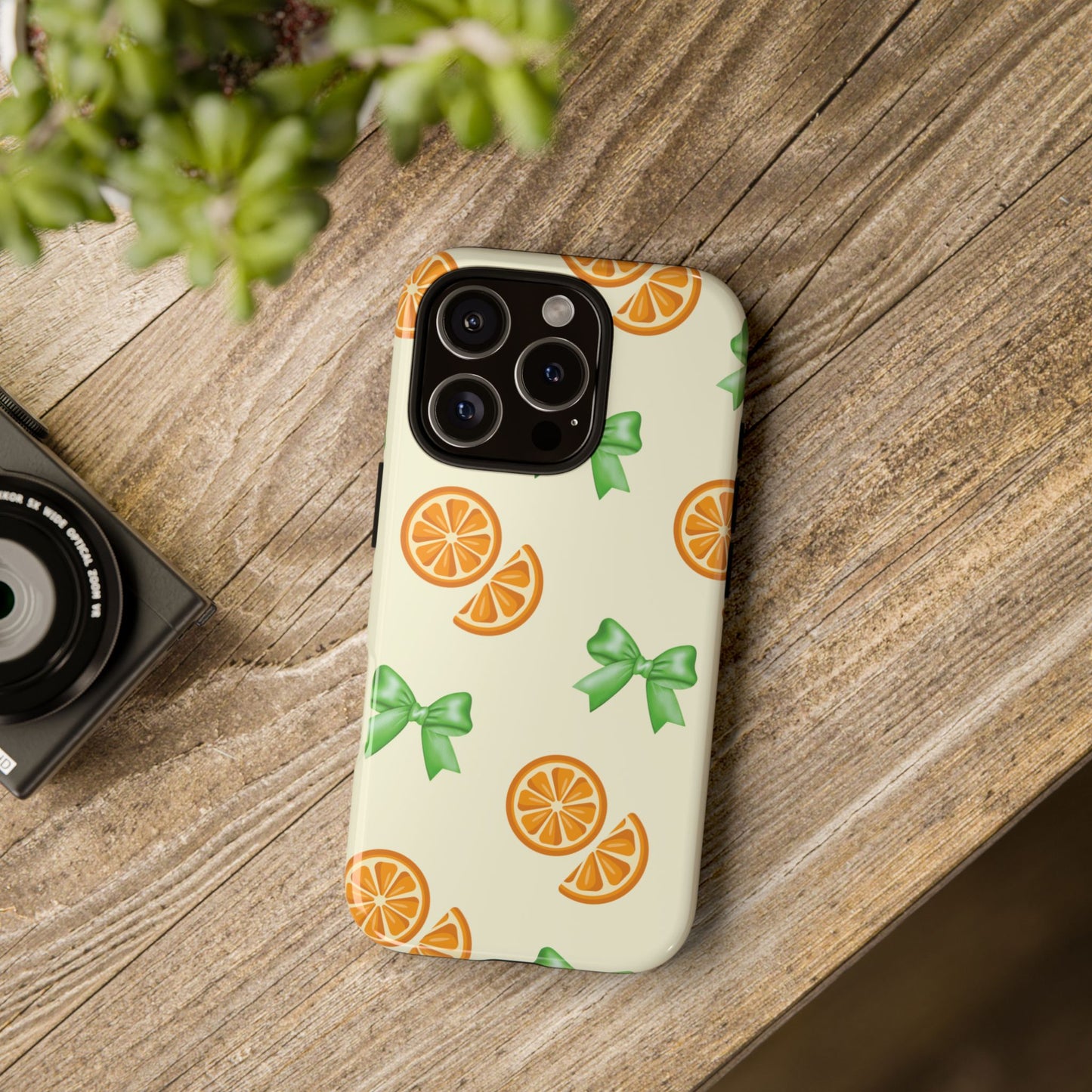 Cute iPhone Case, Orange Fruit Pattern, Green Bow Aesthetic, iPhone 16 15 14 13 12 Pro Max, Gift For Her